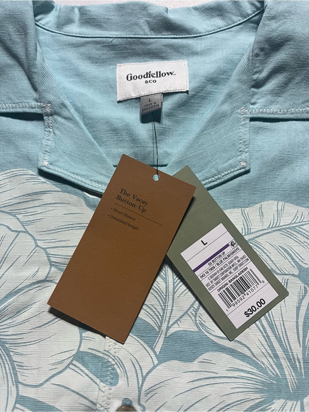Goodfellow & Co Men’s Large Aqua Blue Tropical Button-Down Short Sleeve Shirt - Picture 3 of 7